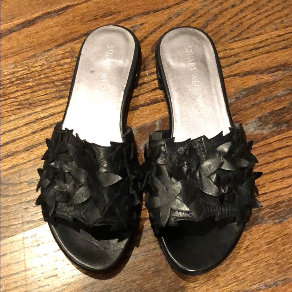 Stuart Weitzman black floral appliqué slide sandal